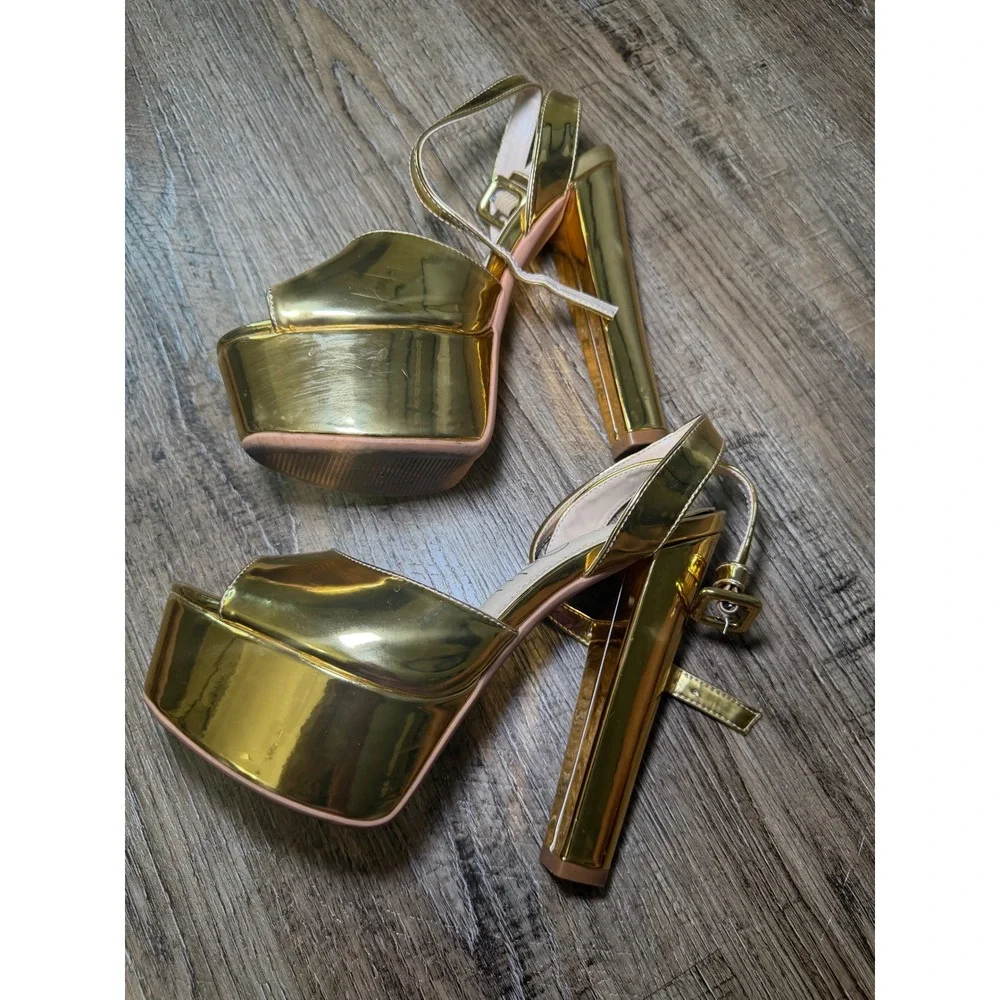 NobleOnly Gold Metallic Platform Heels 7.5 Mirror Block Heel Sandals YG86-X40